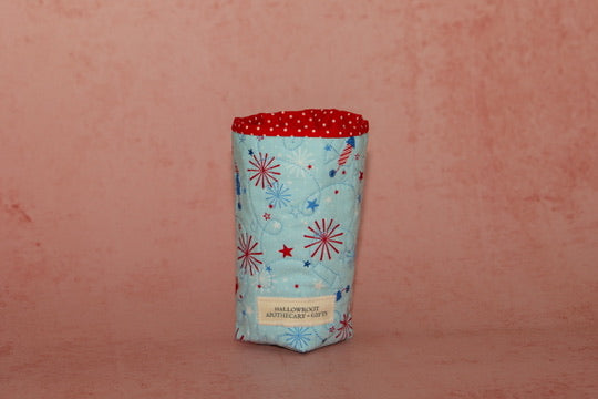 Cup coozie with fireworks in red white and blue fabric
