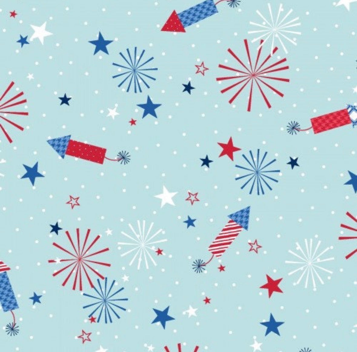 Pattern of red, blue, and white fireworks and stars on a light blue background